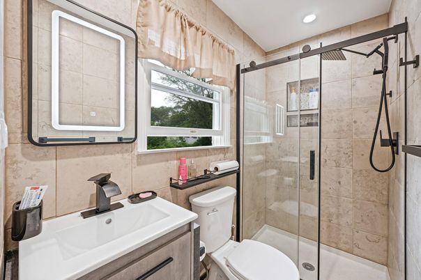 Bathroom, Glass Shower, Interior, Recessed Lighting