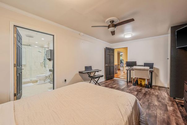 Bathroom, Bedroom, Glass Shower, Home Office, Interior, Wood Texture Flooring