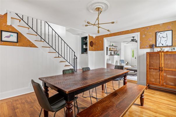 Dining room, Interior, Pendant Lights, Wood Texture Flooring