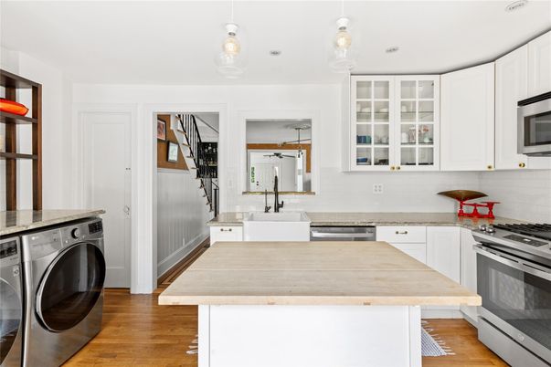 Interior, Kitchen, Pendant Lights, Recessed Lighting, Washer, Wood Texture Flooring