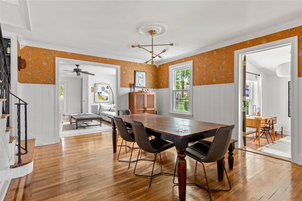 Dining room, Interior, Pendant Lights, Wood Texture Flooring
