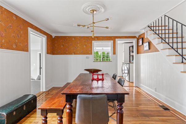 Dining room, Interior, Pendant Lights, Wood Texture Flooring