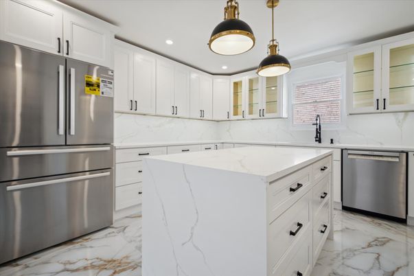 Interior, Kitchen, Marble, Pendant Lights, Recessed Lighting, Stainless Steel Appliances