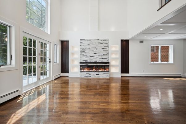 Empty room, Fireplace, Interior, Recessed Lighting, Wood Texture Flooring