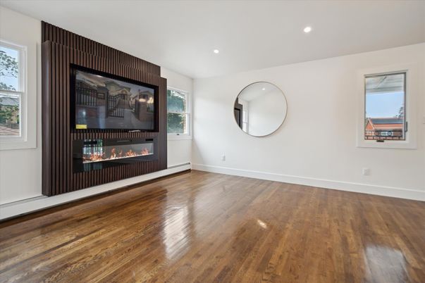 Empty room, Fireplace, Interior, Recessed Lighting, Wood Texture Flooring