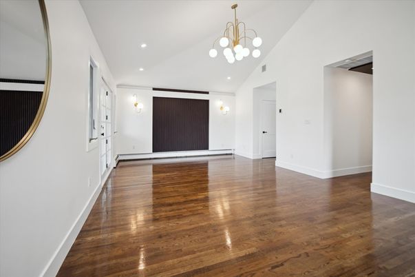 Empty room, Interior, Pendant Lights, Recessed Lighting, Wood Texture Flooring