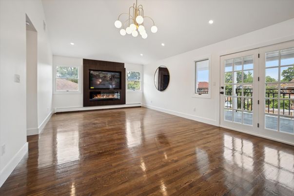 Empty room, Fireplace, Interior, Pendant Lights, Recessed Lighting, Wood Texture Flooring