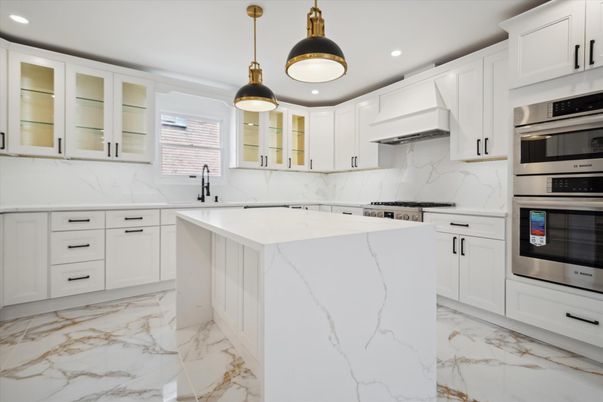 Interior, Kitchen, Marble, Marble Walls, Pendant Lights, Recessed Lighting, Stainless Steel Appliances