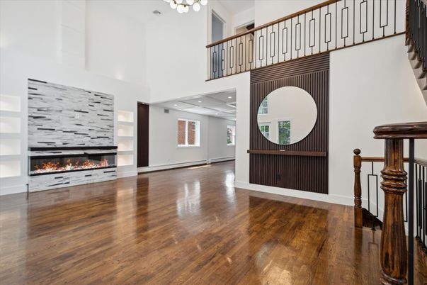 Fireplace, Interior, Recessed Lighting, Wood Texture Flooring