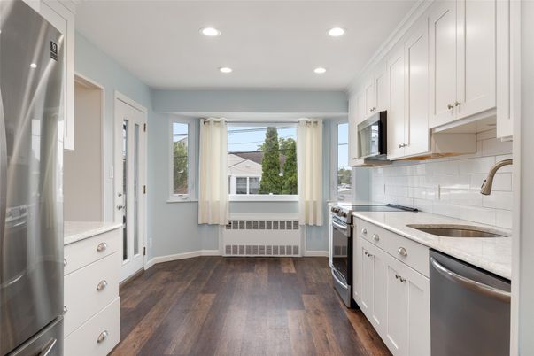 Interior, Kitchen, Recessed Lighting, Stainless Steel Appliances, Wood Texture Flooring