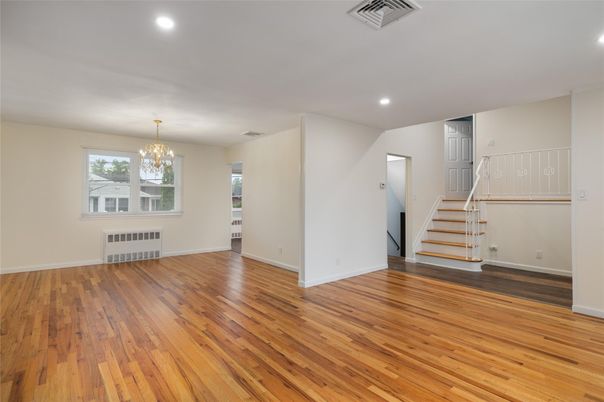 Chandelier, Empty room, Interior, Recessed Lighting, Wood Texture Flooring