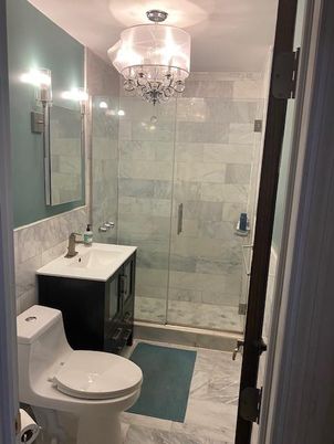 Bathroom, Chandelier, Glass Shower, Interior, Marble, Marble Walls