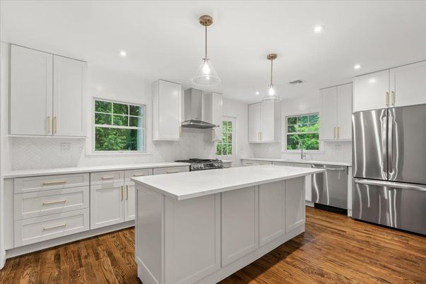Interior, Kitchen, Pendant Lights, Recessed Lighting, Stainless Steel Appliances, Wood Texture Flooring