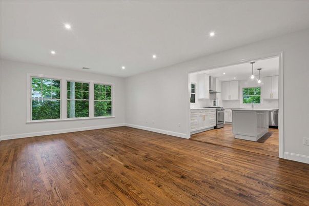 Empty room, Interior, Kitchen, Pendant Lights, Recessed Lighting, Wood Texture Flooring