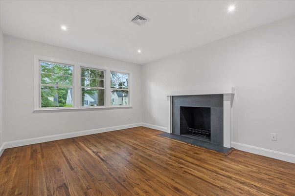 Empty room, Fireplace, Interior, Recessed Lighting, Wood Texture Flooring