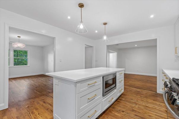 Empty room, Interior, Kitchen, Pendant Lights, Recessed Lighting, Wood Texture Flooring