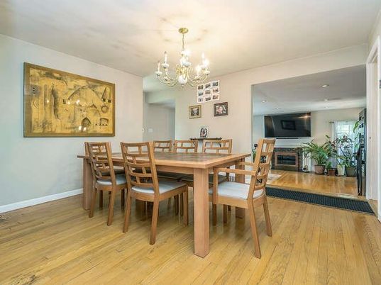 Chandelier, Dining room, Fireplace, Interior, Recessed Lighting, Wood Texture Flooring
