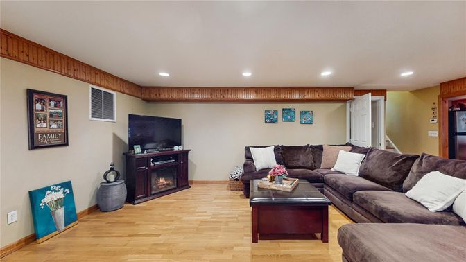 Fireplace, Interior, Living room, Recessed Lighting, Wood Texture Flooring