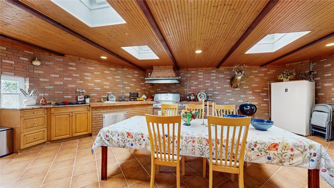 Dining room, Interior, Kitchen, Recessed Lighting, Stone Walls, Wooden Beams, Wooden Ceilings