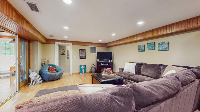 Fireplace, Interior, Living room, Recessed Lighting, Wood Texture Flooring
