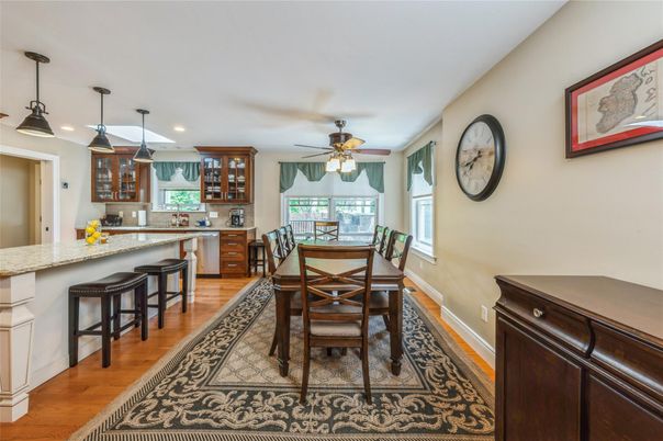 Dining room, Interior, Pendant Lights, Recessed Lighting, Wood Texture Flooring