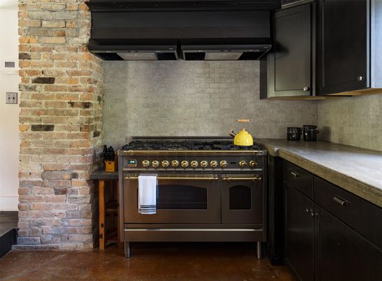 Interior, Kitchen, Stainless Steel Appliances, Stone Walls, Wood Texture Flooring