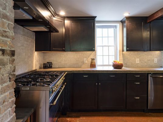Interior, Kitchen, Recessed Lighting, Stainless Steel Appliances, Stone Walls, Wood Texture Flooring