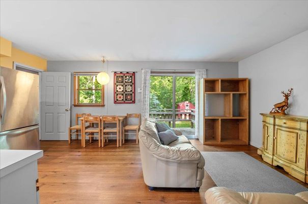 Dining room, Interior, Living room, Pendant Lights, Stainless Steel Appliances, Wood Texture Flooring
