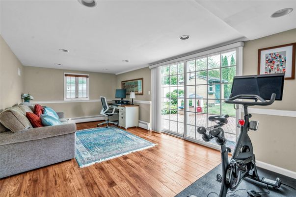 Fitness Equipment, Home Office, Interior, Recessed Lighting, Wood Texture Flooring