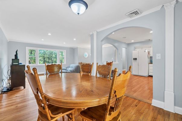 Dining room, Interior, Recessed Lighting, Wood Texture Flooring
