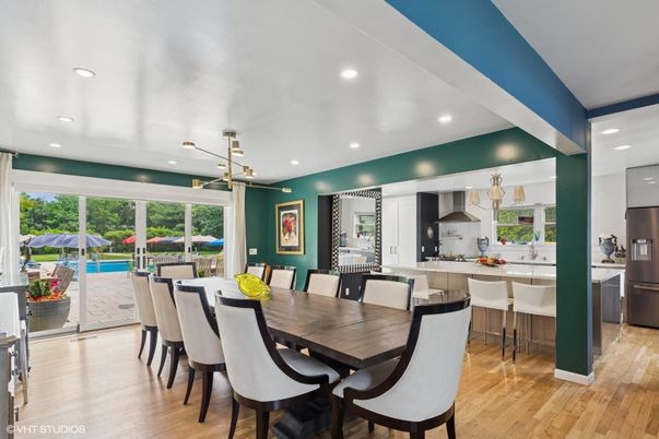 Dining room, Interior, Kitchen, Pendant Lights, Recessed Lighting, Wood Texture Flooring