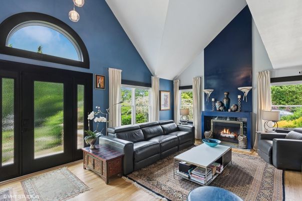 Fireplace, Interior, Living room, Pendant Lights, Wood Texture Flooring
