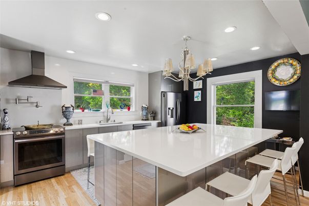 Chandelier, Interior, Kitchen, Recessed Lighting, Stainless Steel Appliances, Wood Texture Flooring