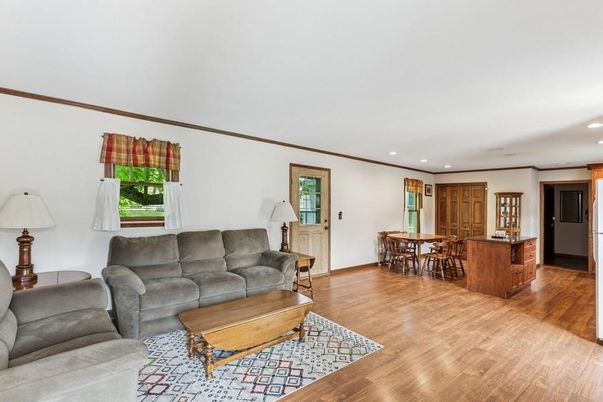 Dining room, Interior, Living room, Recessed Lighting, Wood Texture Flooring