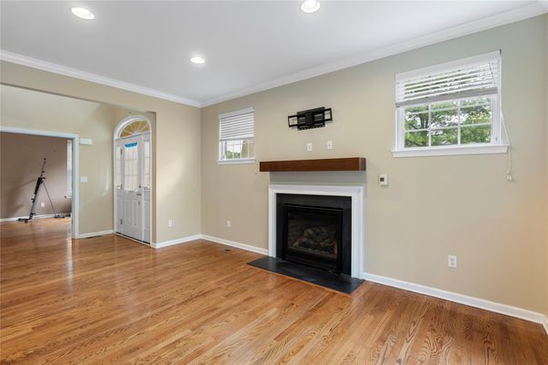 Empty room, Fireplace, Interior, Recessed Lighting, Wood Texture Flooring