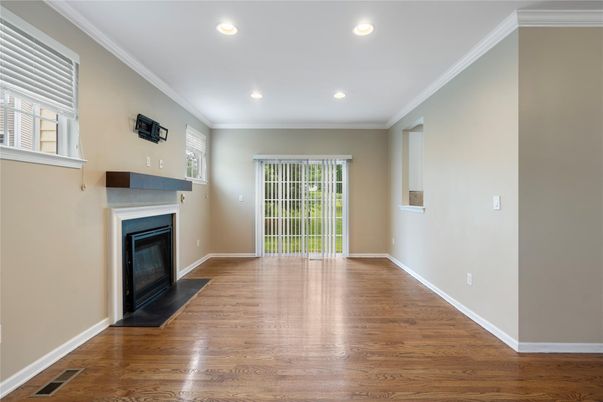 Empty room, Fireplace, Interior, Recessed Lighting, Wood Texture Flooring