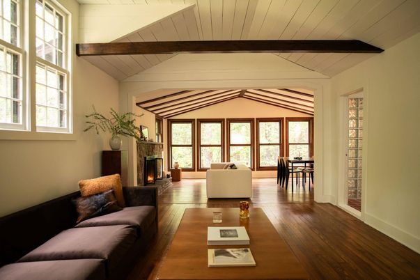 Dining room, Fireplace, Interior, Living room, Wooden Beams, Wood Texture Flooring