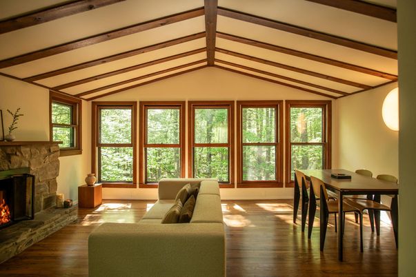 Dining room, Fireplace, Interior, Wooden Beams, Wood Texture Flooring