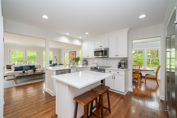 Dining room, Interior, Kitchen, Living room, Recessed Lighting, Stainless Steel Appliances, Wood Texture Flooring