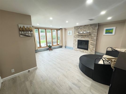 Fireplace, Interior, Recessed Lighting, Stone Walls, Wood Texture Flooring