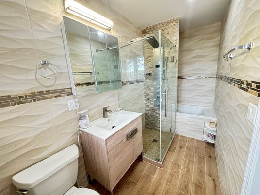 Bathroom, Glass Shower, Interior, Wood Texture Flooring