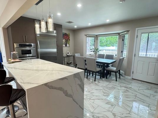 Dining room, Interior, Kitchen, Marble, Pendant Lights, Recessed Lighting, Stainless Steel Appliances