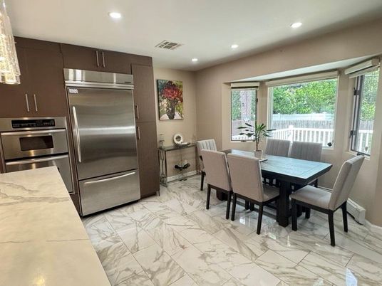 Dining room, Interior, Kitchen, Marble, Recessed Lighting, Stainless Steel Appliances