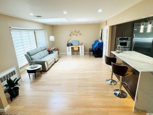 Interior, Kitchen, Living room, Recessed Lighting, Stainless Steel Appliances, Wood Texture Flooring