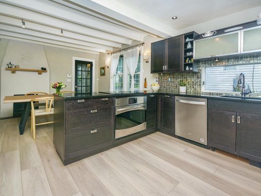 Interior, Kitchen, Recessed Lighting, Stainless Steel Appliances, Wood Texture Flooring