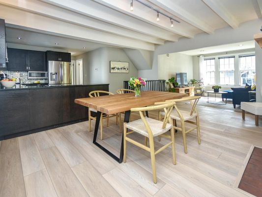 Dining room, Interior, Kitchen, Recessed Lighting, Stainless Steel Appliances, Wood Texture Flooring