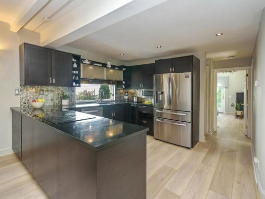 Interior, Kitchen, Recessed Lighting, Stainless Steel Appliances, Wood Texture Flooring