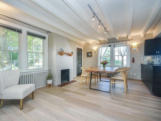 Dining room, Fireplace, Interior, Wood Texture Flooring