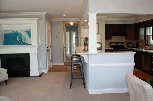 Fireplace, Interior, Kitchen, Recessed Lighting, Wood Texture Flooring