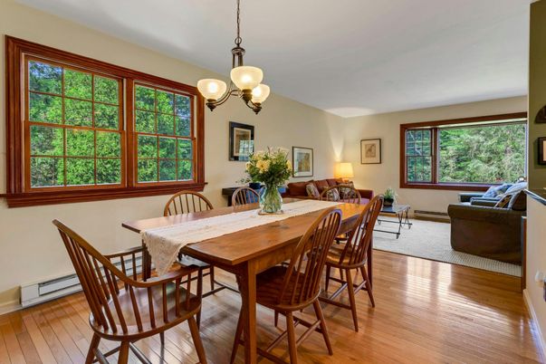 Dining room, Interior, Living room, Pendant Lights, Wood Texture Flooring